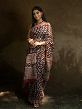 Classic Appeal. Bagru Hand Block Printed Kota Doria Saree - Black Ornate