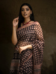 Classic Appeal. Bagru Hand Block Printed Kota Doria Saree - Black Ornate