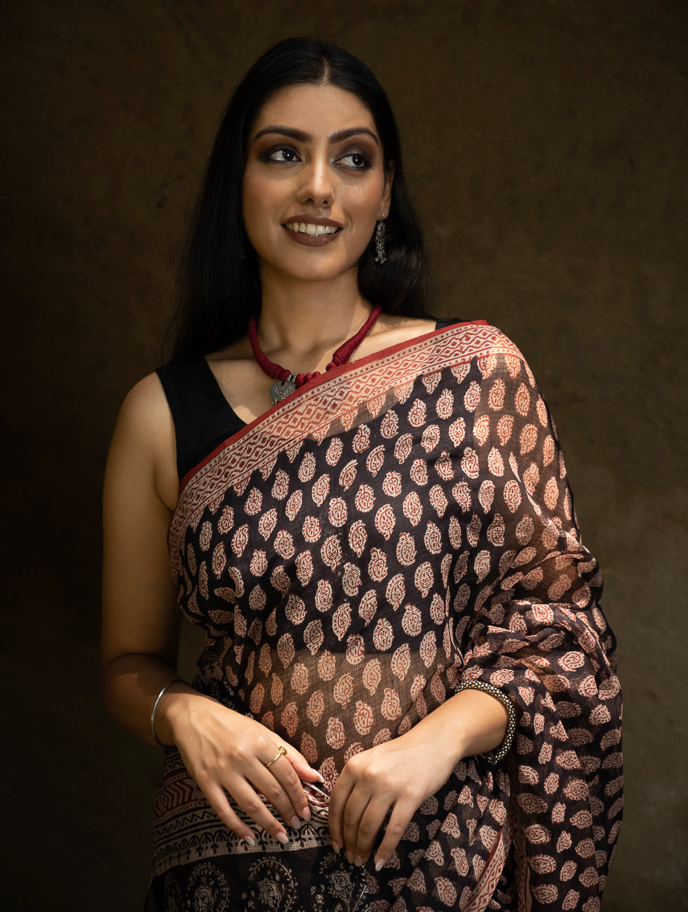 Classic Appeal. Bagru Hand Block Printed Kota Doria Saree - Black Ornate
