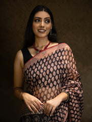 Classic Appeal. Bagru Hand Block Printed Kota Doria Saree - Black Ornate