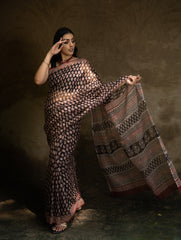 Classic Appeal. Bagru Hand Block Printed Kota Doria Saree - Black Ornate