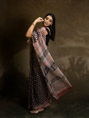 Classic Appeal. Bagru Hand Block Printed Kota Doria Saree - Black Ornate