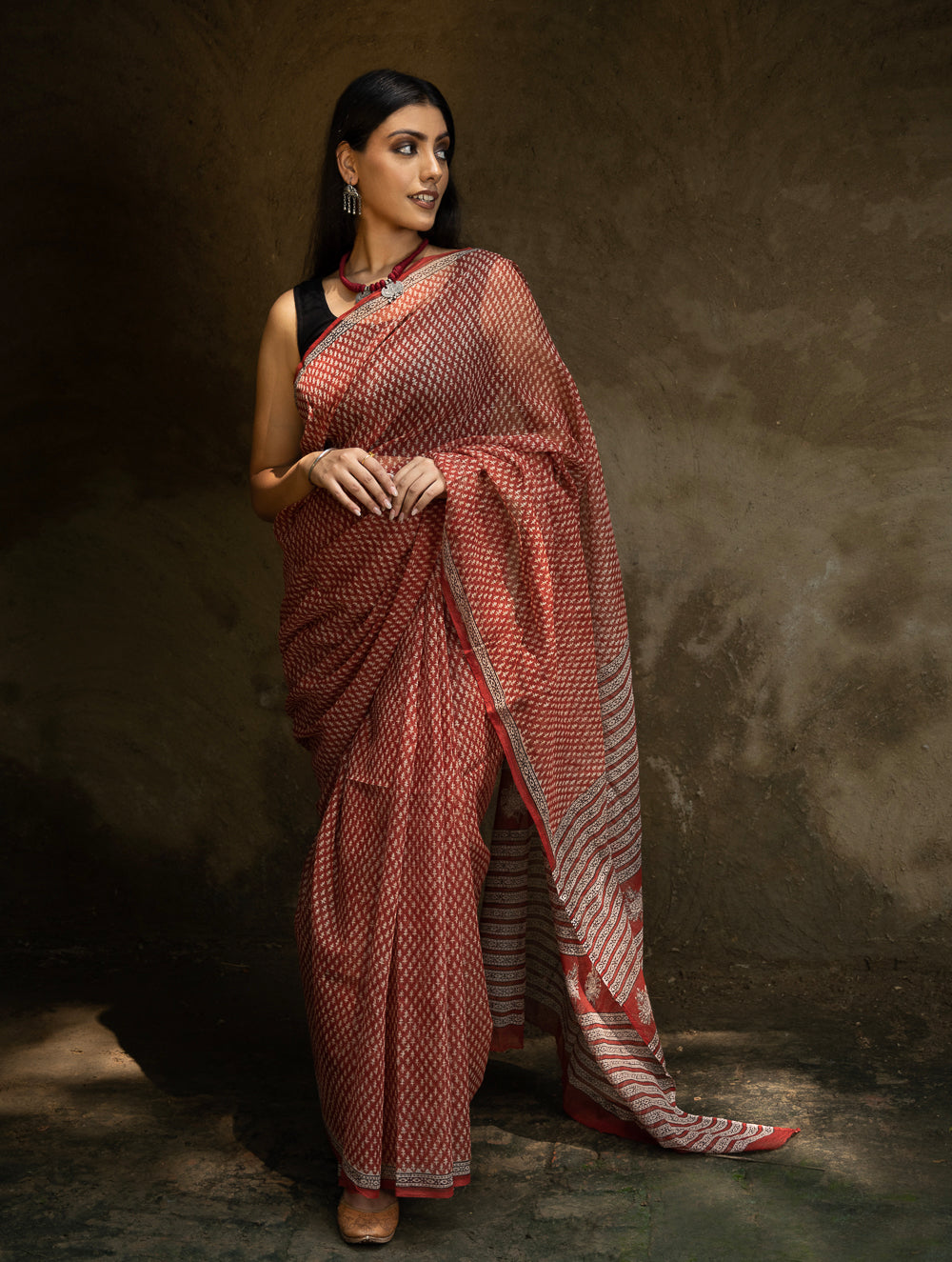 Classic Appeal. Bagru Hand Block Printed Kota Doria Saree - Florets