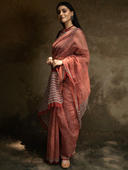 Classic Appeal. Bagru Hand Block Printed Kota Doria Saree - Florets