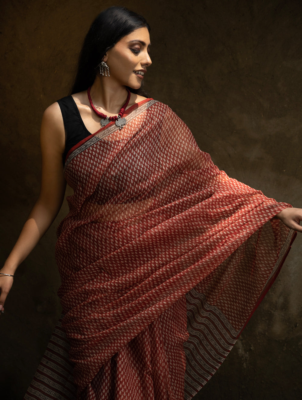 Classic Appeal. Bagru Hand Block Printed Kota Doria Saree - Florets