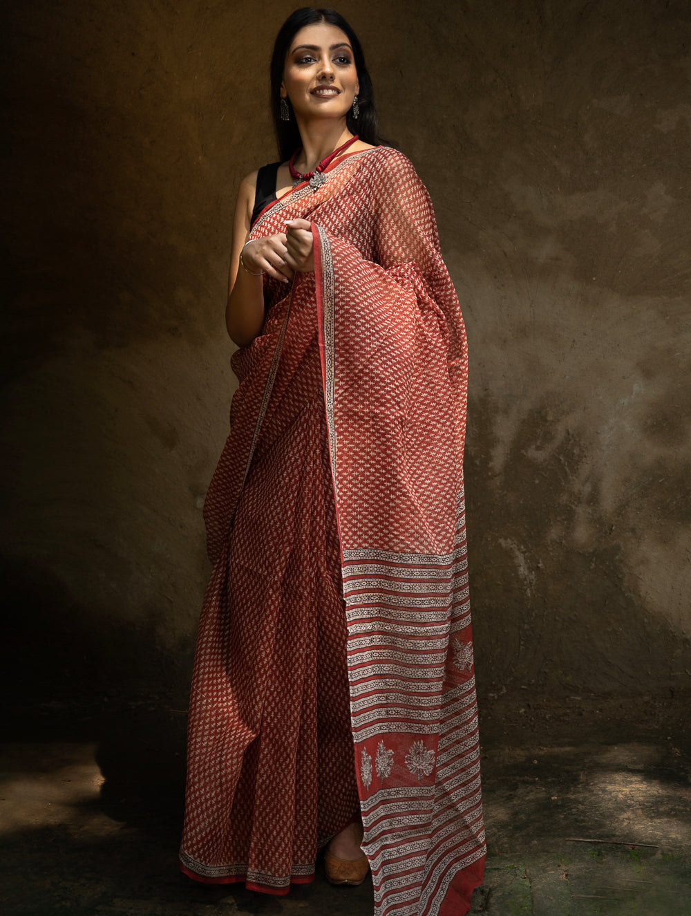 Classic Appeal. Bagru Hand Block Printed Kota Doria Saree - Florets