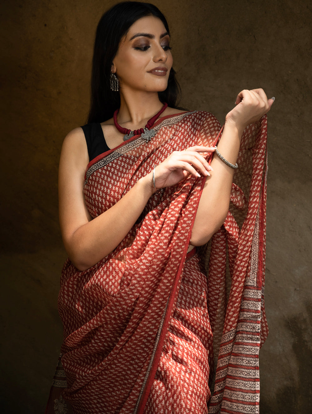 Classic Appeal. Bagru Hand Block Printed Kota Doria Saree - Florets