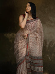 Classic Appeal. Bagru Hand Block Printed Kota Doria Saree - Red Leaf