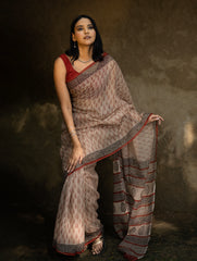 Classic Appeal. Bagru Hand Block Printed Kota Doria Saree - Red Leaf