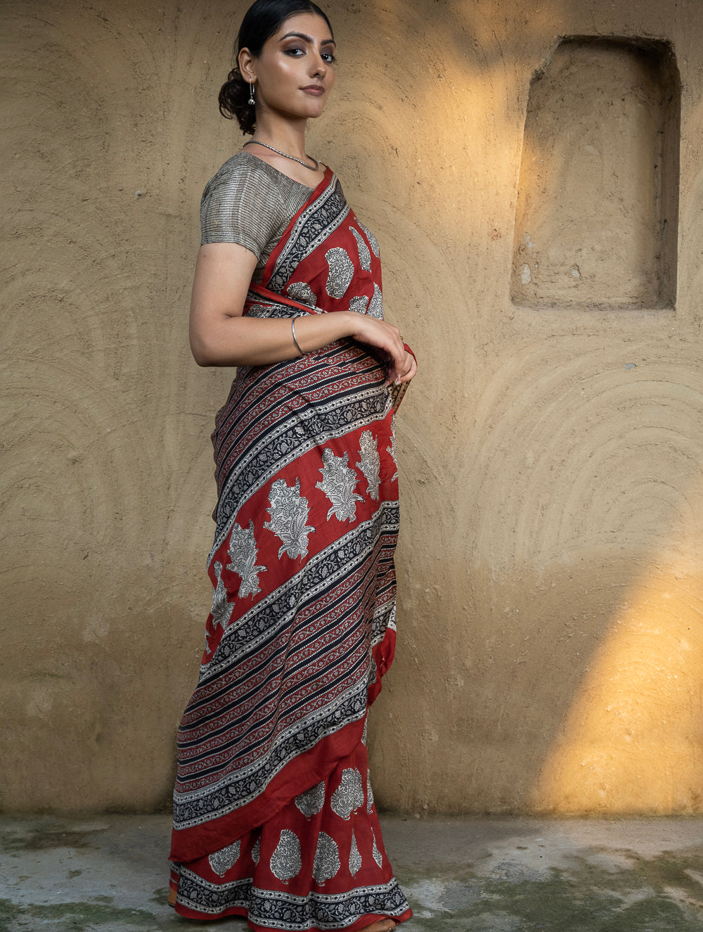 Classic Appeal. Bagru Hand Block Printed Modal Silk Saree - Red Paisleys