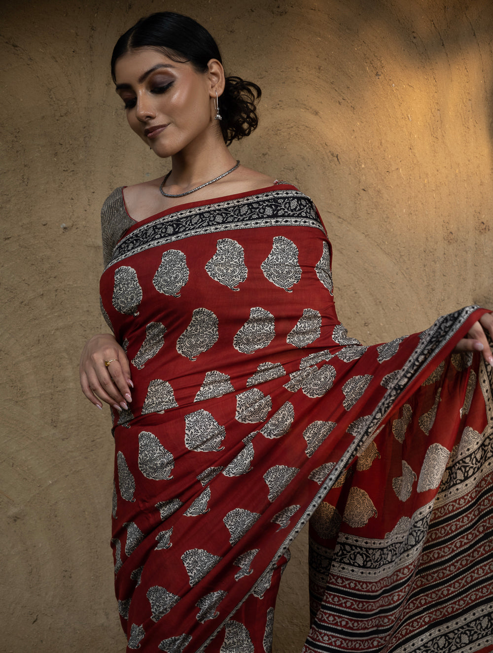 Classic Appeal. Bagru Hand Block Printed Modal Silk Saree - Red Paisleys