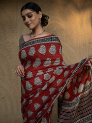 Classic Appeal. Bagru Hand Block Printed Modal Silk Saree - Red Paisleys