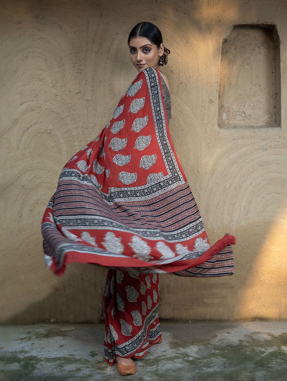 Classic Appeal. Bagru Hand Block Printed Modal Silk Saree - Red Paisleys