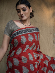 Classic Appeal. Bagru Hand Block Printed Modal Silk Saree - Red Paisleys