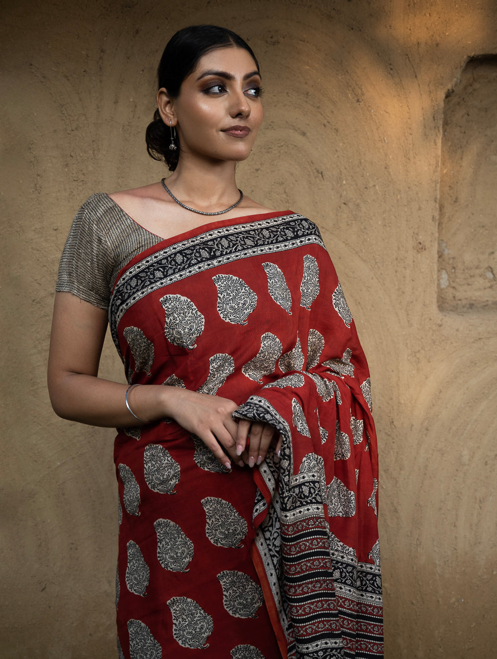 Classic Appeal. Bagru Hand Block Printed Modal Silk Saree - Red Paisleys