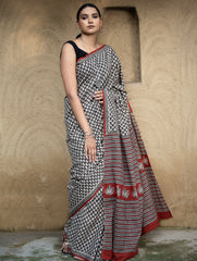Classic Appeal. Bagru Hand Block Printed Mul Cotton Saree - Black Leaf