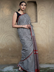 Classic Appeal. Bagru Hand Block Printed Mul Cotton Saree - Black Leaf