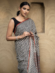 Classic Appeal. Bagru Hand Block Printed Mul Cotton Saree - Black Leaf