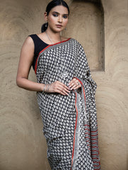 Classic Appeal. Bagru Hand Block Printed Mul Cotton Saree - Black Leaf