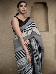 Classic Appeal. Bagru Hand Block Printed Mul Cotton Saree - Bold Stripes