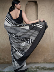 Classic Appeal. Bagru Hand Block Printed Mul Cotton Saree - Bold Stripes
