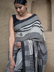 Classic Appeal. Bagru Hand Block Printed Mul Cotton Saree - Bold Stripes