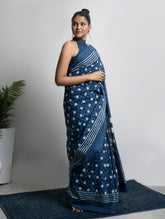 Cotton Appeal. Dabu Hand Block Printed Mul Cotton Saree - Blue Polka