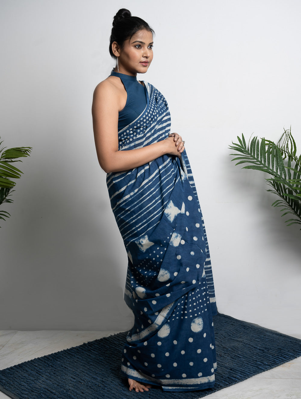 Cotton Appeal. Dabu Hand Block Printed Mul Cotton Saree - Dot & Stripes