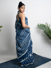 Cotton Appeal. Dabu Hand Block Printed Mul Cotton Saree - Dot & Stripes