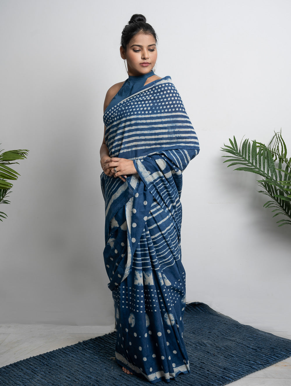 Cotton Appeal. Dabu Hand Block Printed Mul Cotton Saree - Dot & Stripes