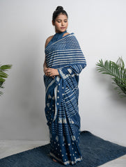 Cotton Appeal. Dabu Hand Block Printed Mul Cotton Saree - Dot & Stripes