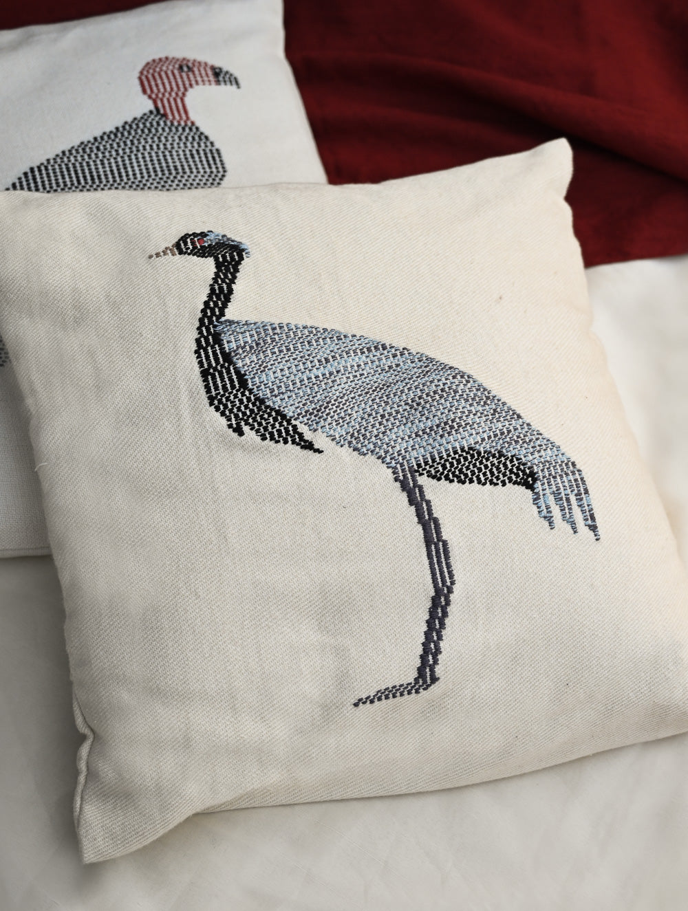 Exclusive Handwoven Kashida Cushion Covers - Sarus Crane & Vulture (Set of 2), 16"x16"