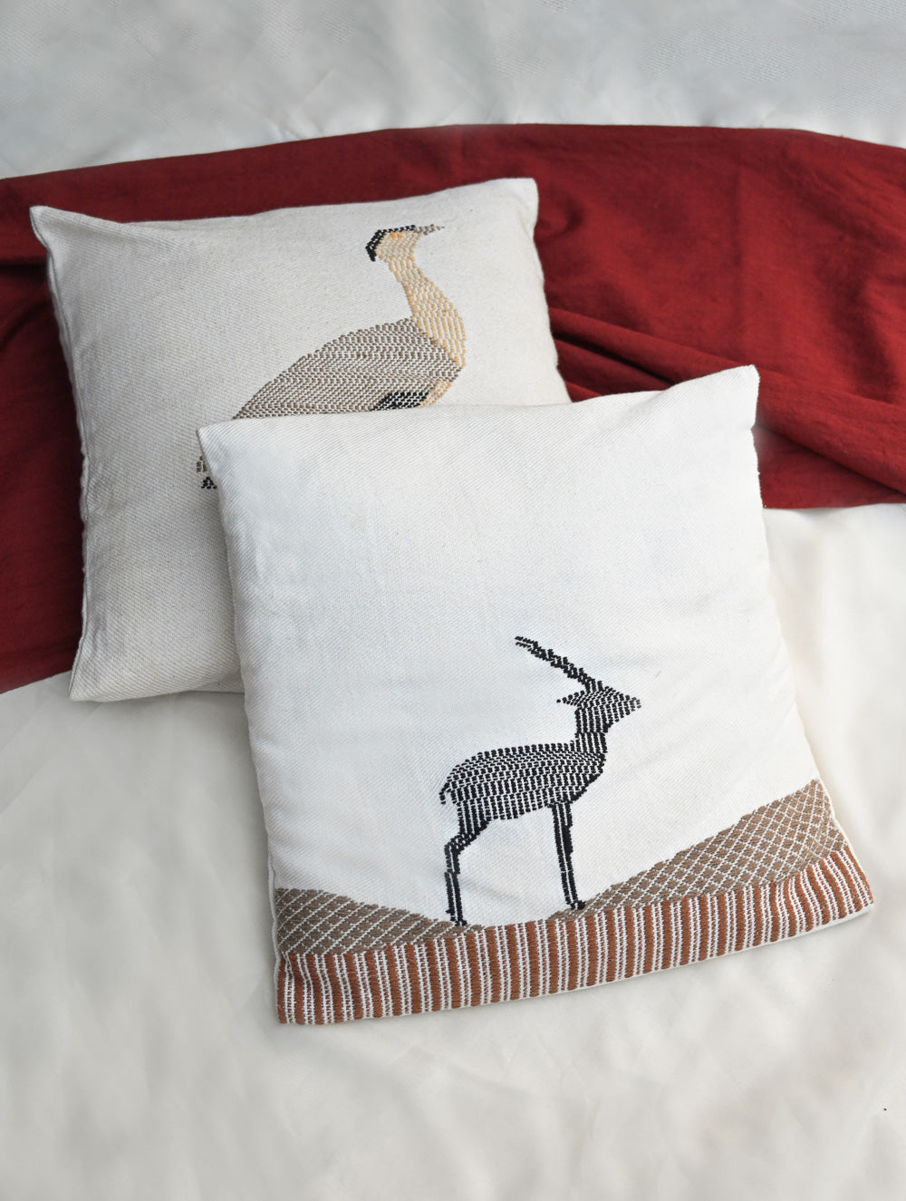 Exclusive Handwoven Kashida Cushion Covers - Sarus Crane & Black Deer (Set of 2), 16"x16"