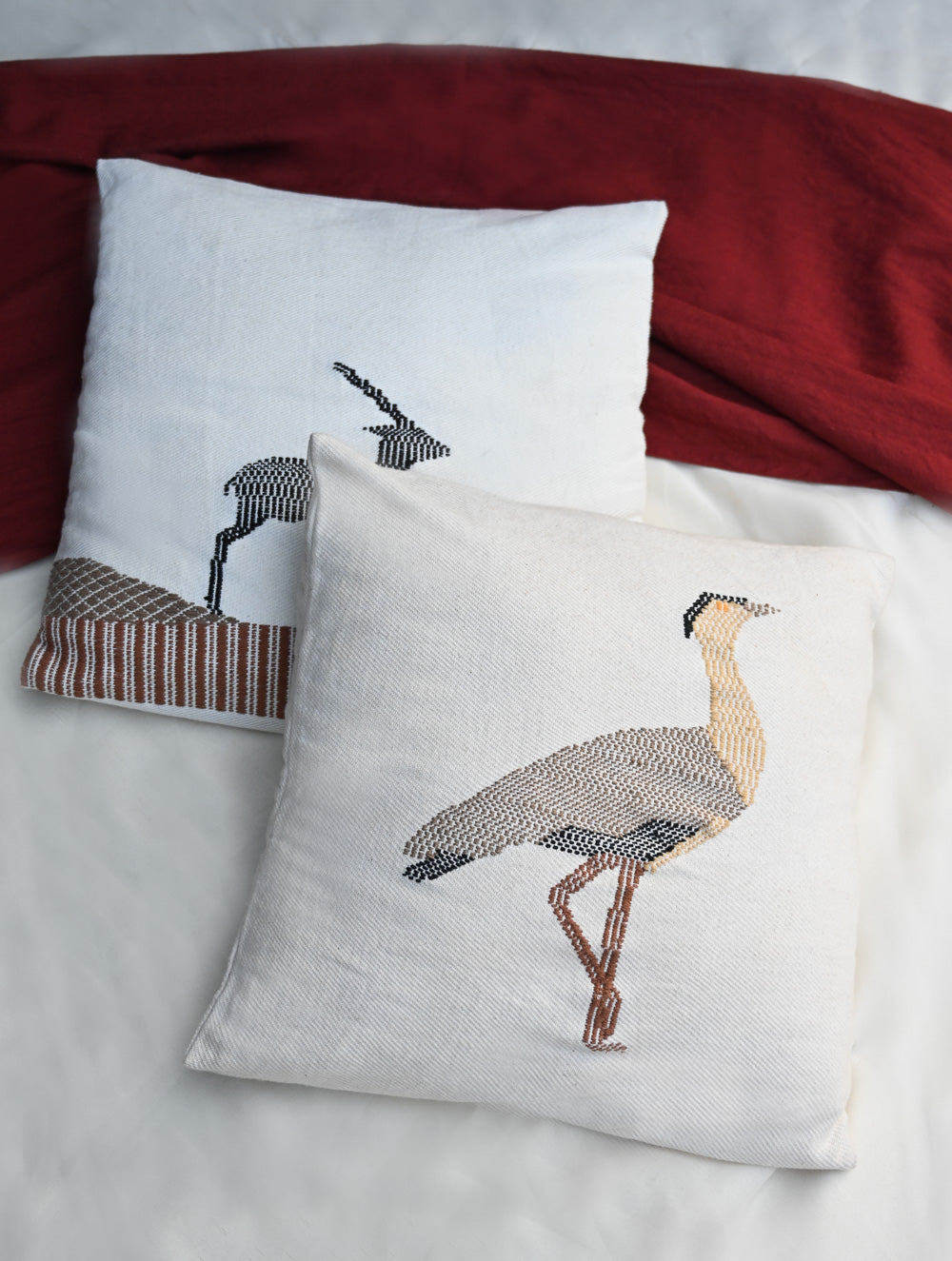 Exclusive Handwoven Kashida Cushion Covers - Sarus Crane & Black Deer (Set of 2), 16"x16"