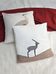Exclusive Handwoven Kashida Cushion Covers - Sarus Crane & Black Deer (Set of 2), 16"x16"
