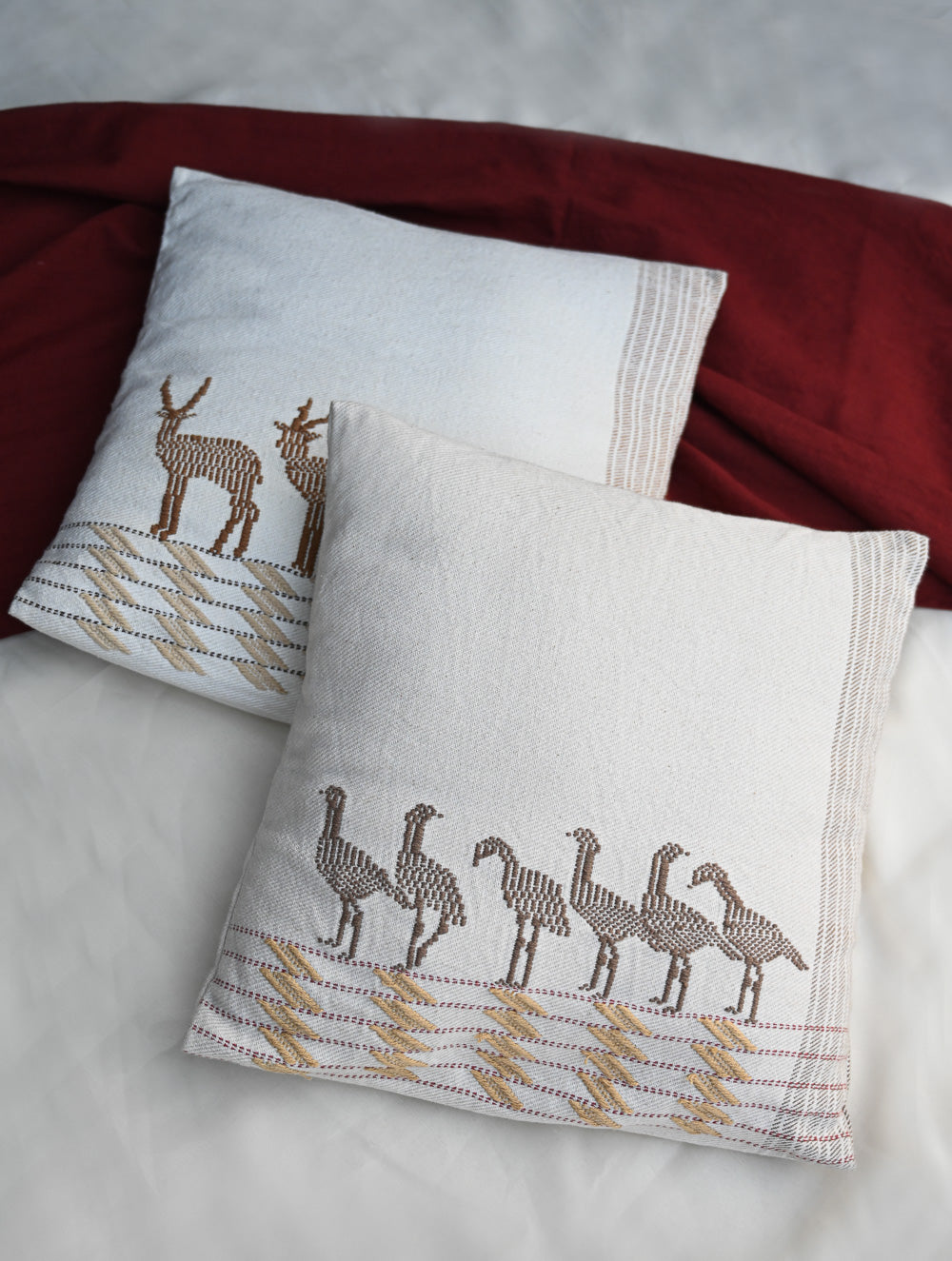 Exclusive Handwoven Kashida Cushion Covers - Sarus Crane & Black Buck (Set of 2), 16"x16"