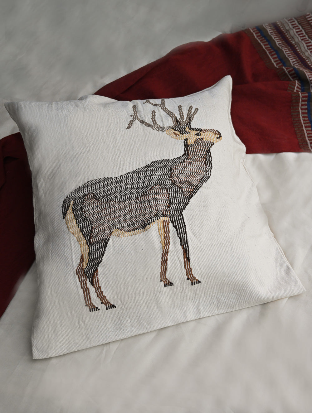 Exclusive, Extra Large Handwoven Kashida Cushion Cover - Barasingha, 24" x 24"