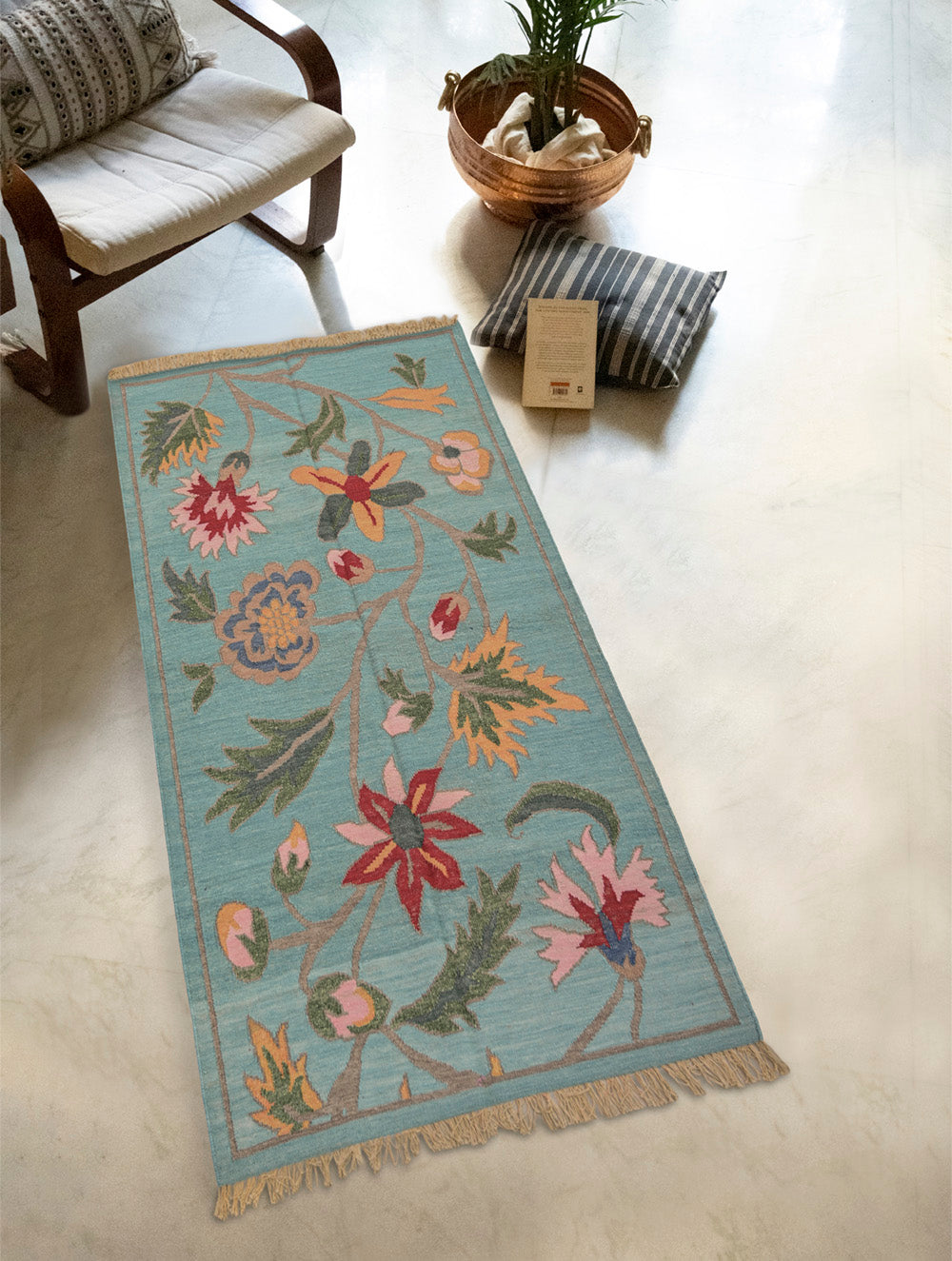 Handwoven Kilim Rug - Aqua Floral Vine (Length 6ft x Width 4ft)
