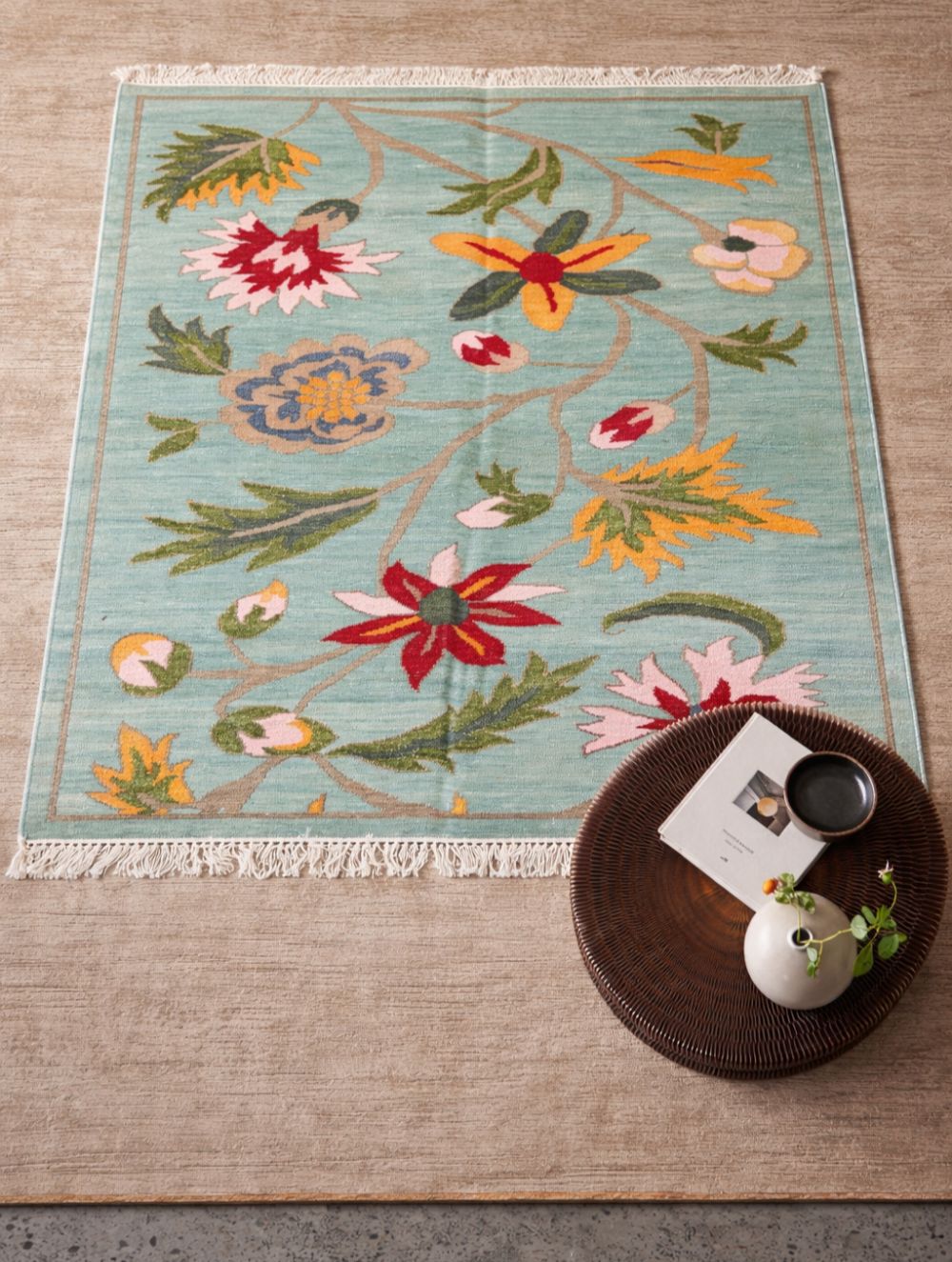 Handwoven Kilim Rug - Aqua Floral Vine (Length 6ft x Width 4ft)