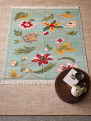 Handwoven Kilim Rug - Aqua Floral Vine (Length 6ft x Width 4ft)