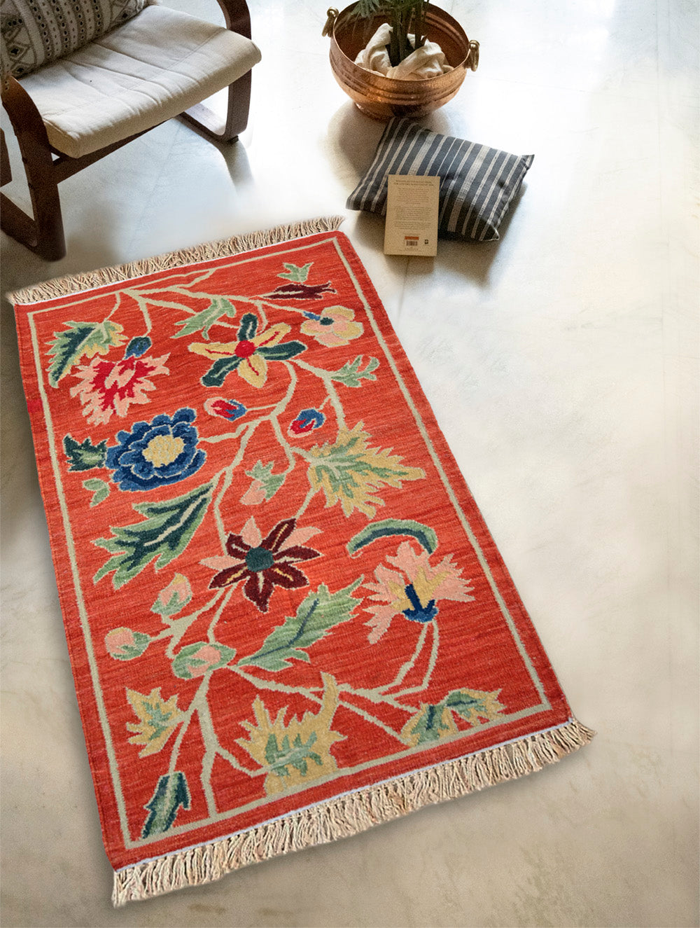 Handwoven Kilim Rug - Crimson Floral Vine (Length 5ft x Width 3ft)