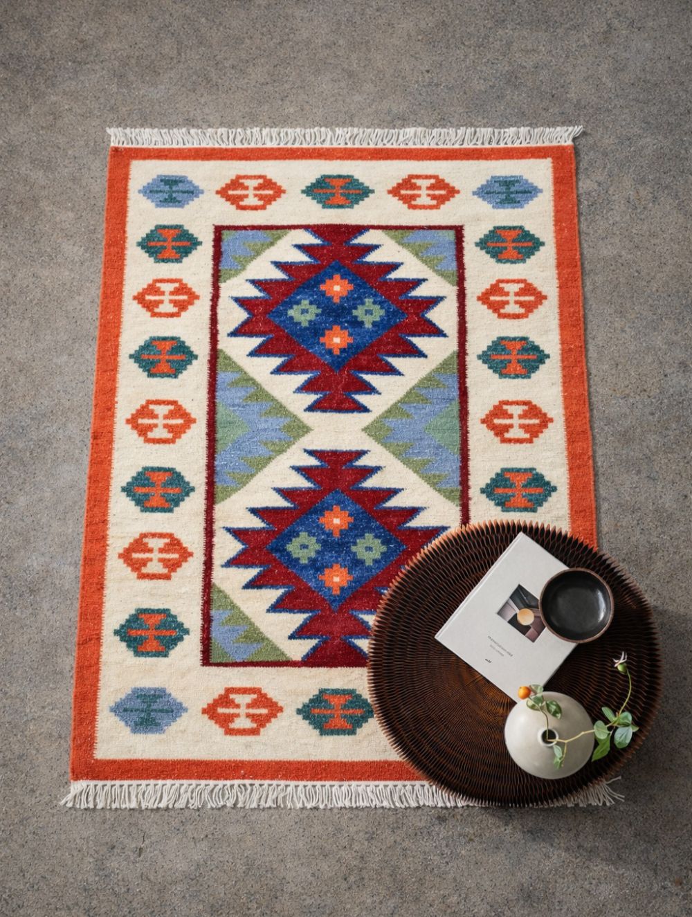 Handwoven Kilim Rug - Ivory Tribal Medallion (Length 5ft x Width 3ft)