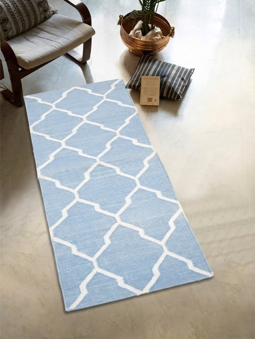 Handwoven Kilim Rug - Powder Blue Trellis (Length 6ft x Width 2ft).