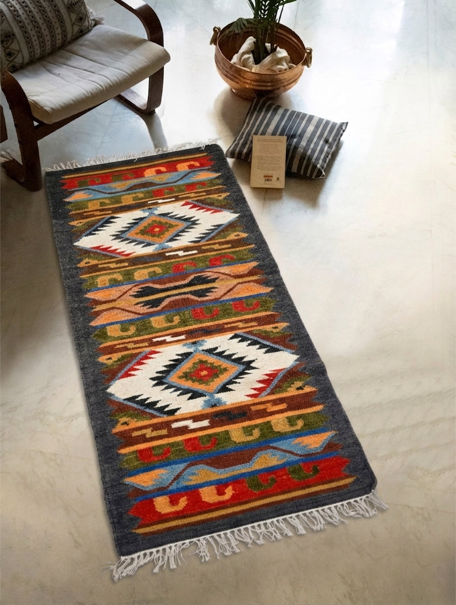 Handwoven Kilim Rug - Charcoal Layers (Length 6 ft x Width 2ft)
