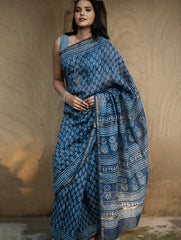 Dabu Hand Block Printed Chanderi Saree - Blue Flora