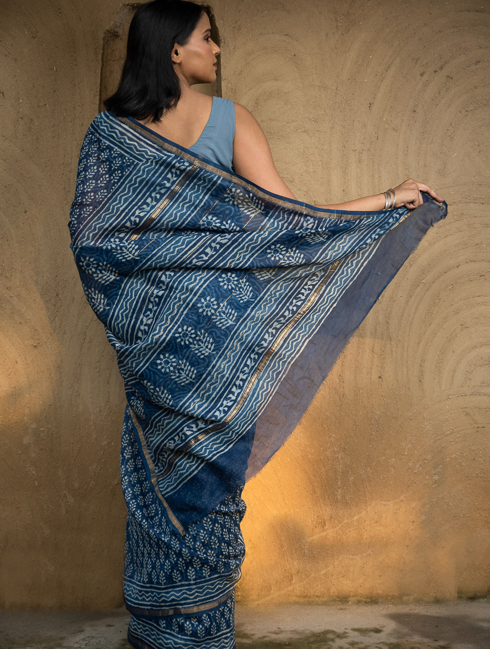 Dabu Hand Block Printed Chanderi Saree - Blue Flora