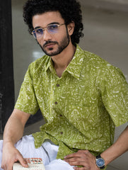 Dabu Hand Block Printed Cotton Shirt - Green Fields