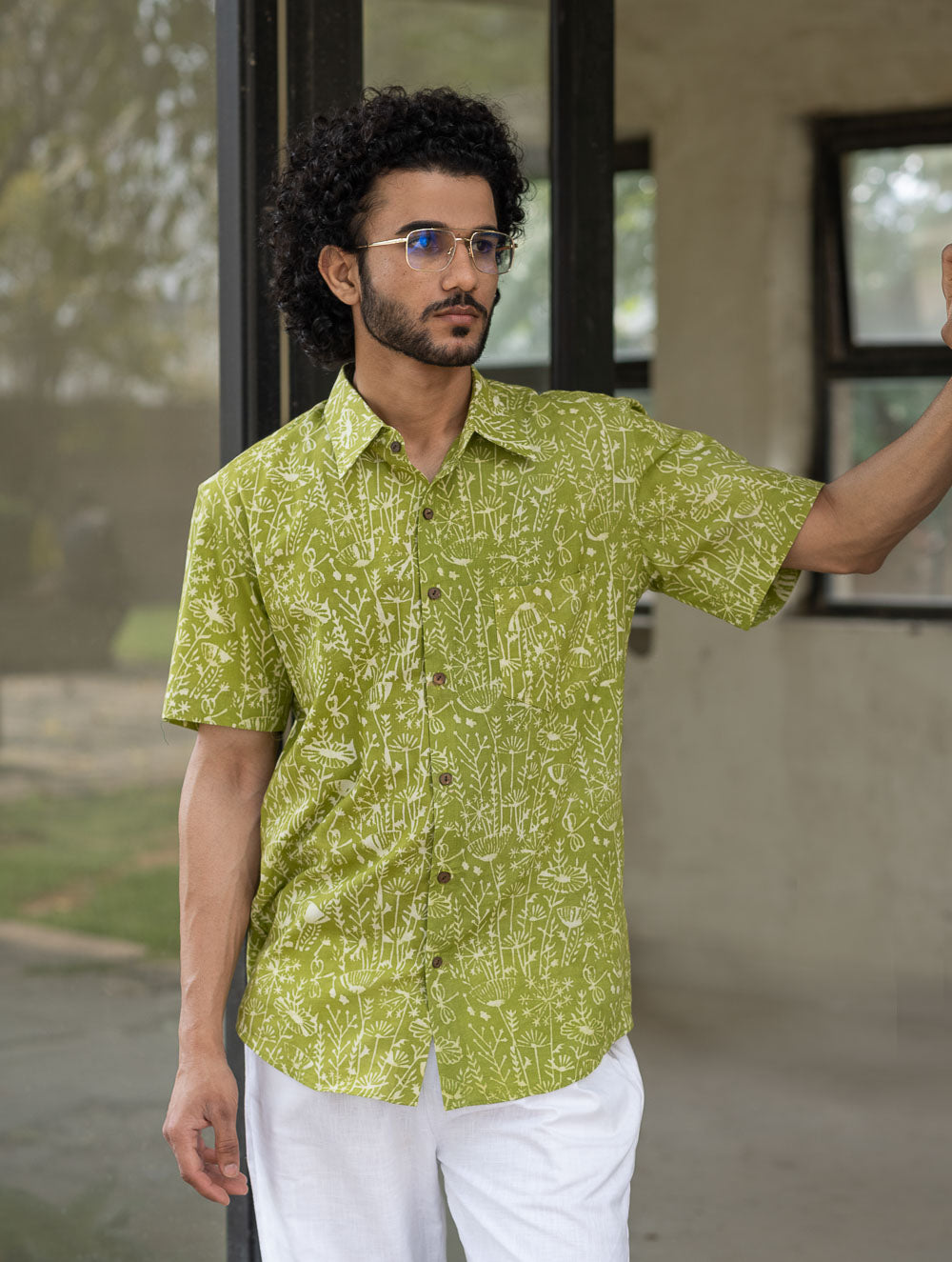 Dabu Hand Block Printed Cotton Shirt - Green Fields