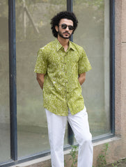 Dabu Hand Block Printed Cotton Shirt - Green Fields