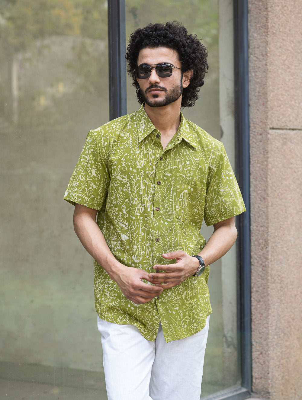 Dabu Hand Block Printed Cotton Shirt - Green Fields